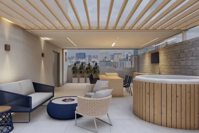 Spa Esfera instalado em terraço com vista da cidade